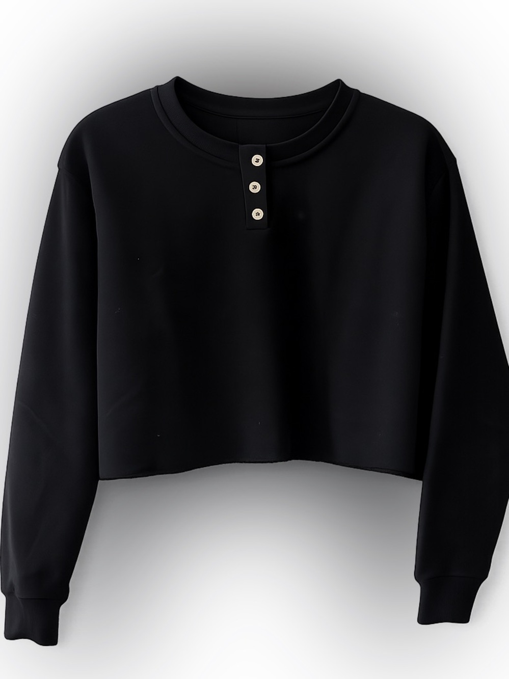 Ardene Black Fleece-Lined Henley Crop Sweatshirt - Size XS